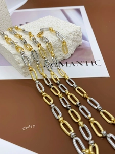 Detailed view of two-tone gold and silver interlocking oval metal links chain