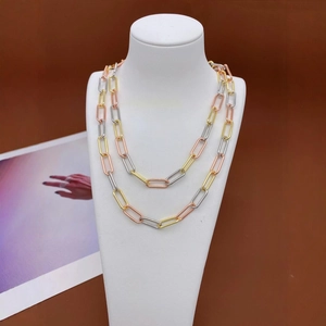 Three-tone rectangular link chain necklace in gold, silver, and rose gold finishes