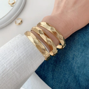 18K Gold Plated Copper Geometric Rhombus Bangle Bracelet And Opening Ring Set For Women Fashion Jewelry Designer Gift