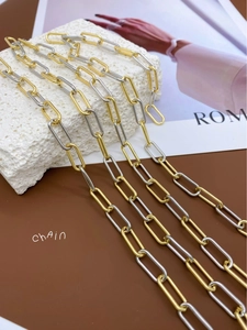 Detail of two-tone gold and silver paperclip chain links on a minimalist background