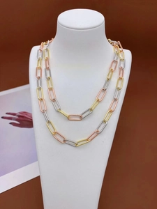 Three-tone paperclip chain necklace in gold silver and rose gold color segments