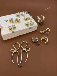 Detailed collection of brass plated gold bow earrings with precise size and weight specs