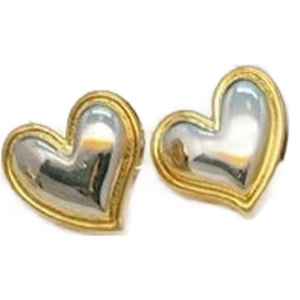 Two-tone heart stud earrings with golden textured edges and polished silver center