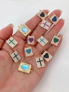 Gold rectangular cross and heart charm bracelet pendant with white zircon inlays