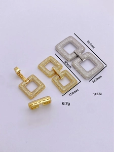 Micro-paved square jewelry clasps in gold and silver showing dimensions and details
