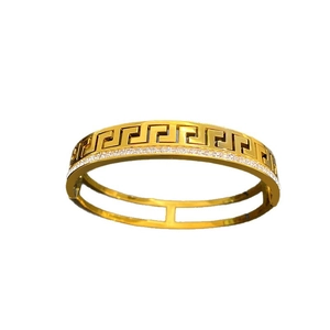 Gold double-layer Greek key pattern bangle with white zircon inlays for women