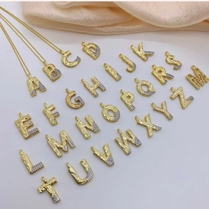 18K Gold Plated Copper Initial Letter Pendant For Women Hammered Texture Zirconia Alphabet Charm Tarnish Resistant DIY Jewelry Accessory