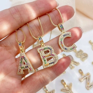 Hip hop colorful zircon alphabet pendant necklace in gold plating with a delicate box chain