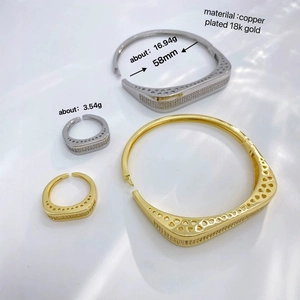 Parure géométrique plaquée or 18K avec bracelet zircon et bague ajustable pour femme