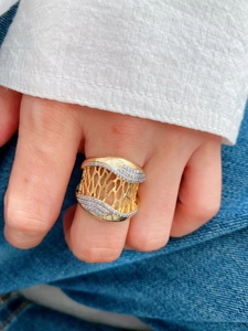 Nahaufnahme eines vergoldeten breiten Rings mit zwei Reihen Zirkonia und Flechtmuster