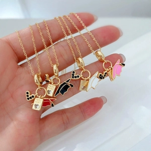 18K Gold Plated Copper Necklace Enamel Graduation Cap Heart Passport Charm Zirconia Travel Theme Pendants Jewelry For Women