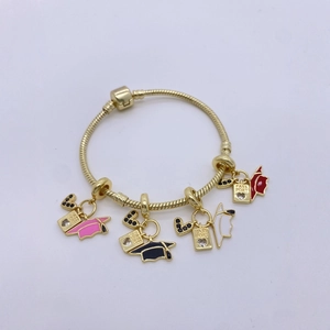 18K gold-plated snake chain bracelet with black hearts and passport graduation charms