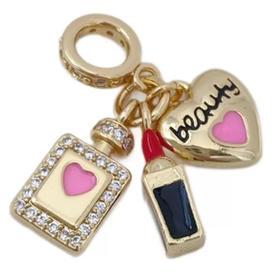Anhänger-Set 18K vergoldet mit Parfümflasche, Lippenstift und Herzanhänger mit Zirkonia