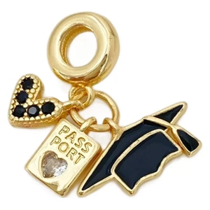 Gold-plated graduation and passport charms with black zircon heart for DIY jewelry