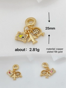 Detailed view of plane, globe and heart suitcase charms with 25mm height and weight data