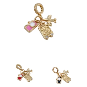 Travel theme charm necklace with enamel camera suitcase and airplane pendants