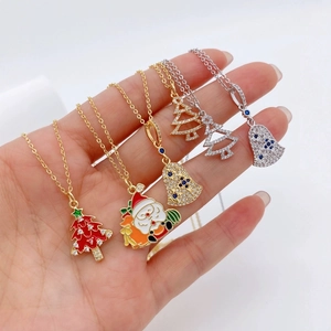 Christmas DIY Jewelry Accessories Copper Gold Plated Zirconia Enamel Santa Claus Xmas Tree Bell Pendant Necklace For Holiday Gift