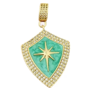 Goldener Schildanhänger mit grüner Emaille, Nordstern-Emblem und Zirkon-Steinen