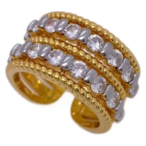 Bague ouverte multicouche en or et argent avec des rangées de zircons étincelants