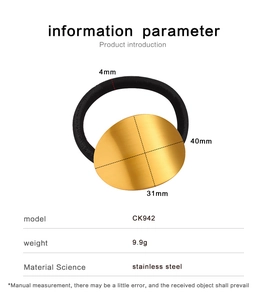 Detail view of oval gold stainless steel hair tie with dimensions and weight specs