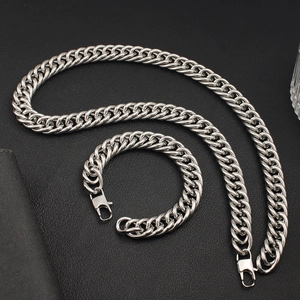 Détail d'un ensemble collier et bracelet à mailles gourmettes avec fermoir mousqueton