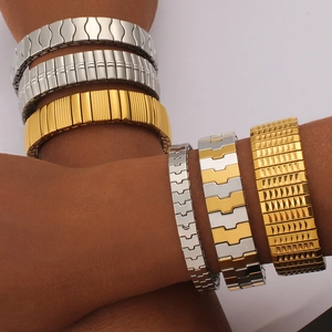 Elastic stainless steel watchband bracelets in gold and silver with textured finishes