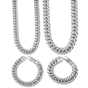 Parure de Bijoux Homme en Acier Inoxydable Grosse Chaîne Cubaine Collier et Bracelet Argent Poli Style Hiphop Punk