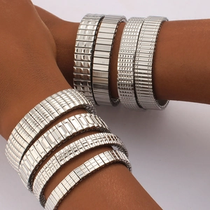 Silver stainless steel elastic strap bracelets with textured industrial design for women