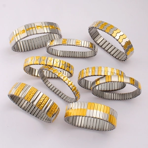 Stainless Steel Elastic Watch Strap Bracelet For Women Gold Silver Bicolor Link Bangle Embossed Geometric Italian Charm Jewelry