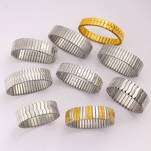 Elastic stainless steel watch band bracelets with textured patterns in gold and silver