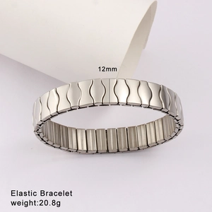 Detailed view of silver elastic stainless steel bracelet with 12mm width and 20.8g weight