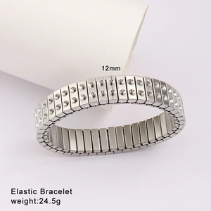 Detail showing 12mm wide silver elastic bracelet with textured rectangular links