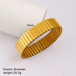 Detail of 16mm golden elastic stainless steel bracelet with weight specs of 29.3g