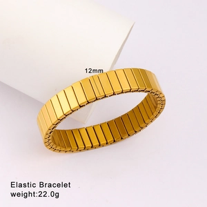 Detail view of 12mm wide gold elastic stainless steel bracelet weighing 22.0g