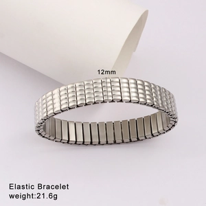 Close-up of a 12mm wide elastic stainless steel bracelet with textured link design