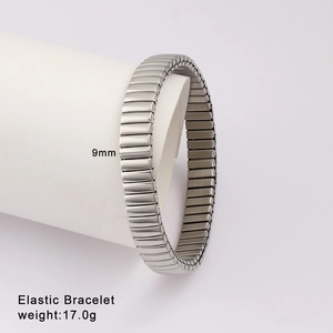 Detail of 9mm wide elastic stainless steel bracelet showing stretchable metal segments