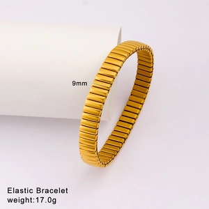 Detailed view of 9mm wide elastic stainless steel bracelet in gold finish weighing 17g
