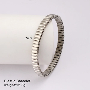 Detailed view showing 7mm width and 12.5g weight of silver elastic steel bracelet