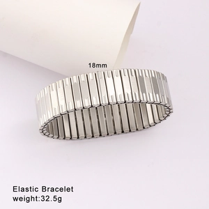 Macro detail of 18mm wide elastic stainless steel bracelet weighing 32.5g in silver