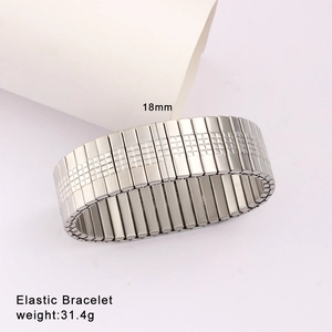 Detailed view of 18mm silver elastic stainless steel bracelet with textured link design