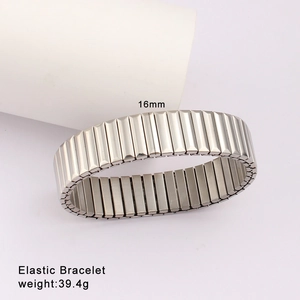 Detail of 16mm elastic stainless steel watch band bracelet with polished silver finish