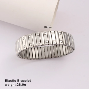 Detail view of 16mm wide silver stainless steel elastic watch-style strap bracelet