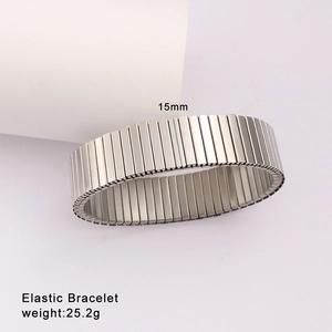 Detailed view of a 15mm wide elastic stainless steel bracelet with a polished finish