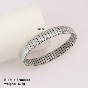 Detailed view of 9mm wide elastic stainless steel bracelet with textured link surface