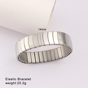 Polished silver stainless steel elastic bracelet with a 14mm width and stretchable design