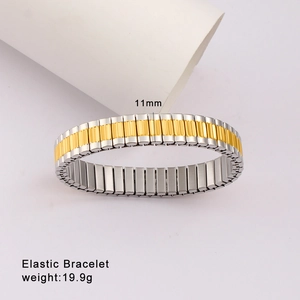 Detail view of two-tone elastic steel bracelet showing 11mm width and 19.9g weight