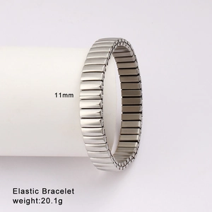 Detailed view of 11mm wide elastic stainless steel bracelet weighing 20.1g on stand