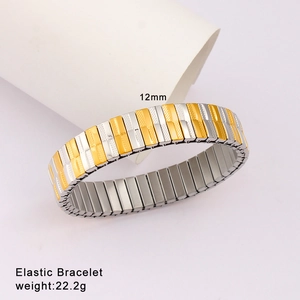Detail shot of 12mm elastic watch band bracelet in gold and silver mixed tones