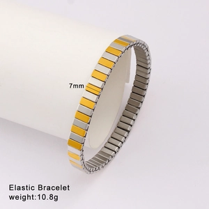 Macro detail of a 7mm wide two-tone elastic bracelet showing golden and silver metal links