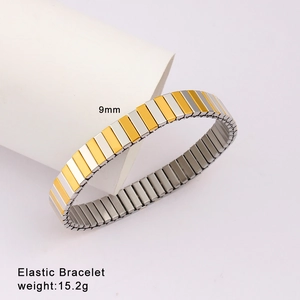 Detail view of 9mm two-tone elastic bracelet featuring polished gold and silver blocks